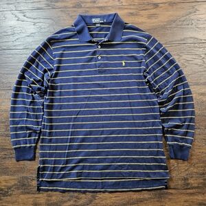 Polo Ralph Lauren Pima Cotton Striped Polo Shirt Long Sleeve Large Blue & Yellow